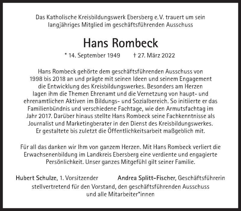  Traueranzeige für Hans Rombeck vom 09.04.2022 aus Süddeutsche Zeitung