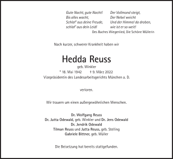 Traueranzeige von Hedda Reuss von Süddeutsche Zeitung