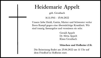 Traueranzeige von Heidemarie Appelt von Süddeutsche Zeitung