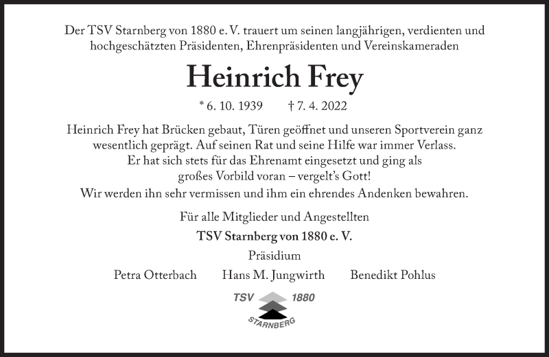  Traueranzeige für Heinrich Frey vom 14.04.2022 aus Süddeutsche Zeitung