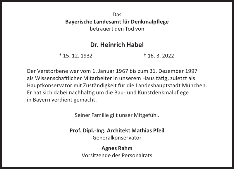  Traueranzeige für Heinrich Habel vom 30.04.2022 aus Süddeutsche Zeitung