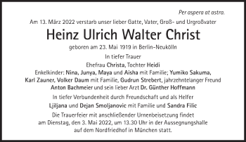 Traueranzeige von Heinz Ulrich Walter Christ von Süddeutsche Zeitung