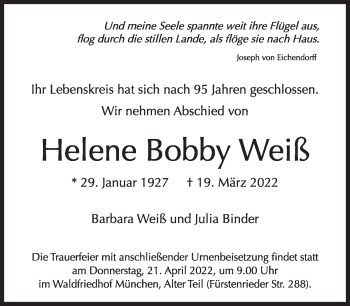 Traueranzeige von Helene Bobby Weiß von Süddeutsche Zeitung