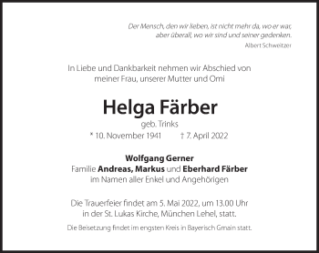 Traueranzeige von Helga Färber von Süddeutsche Zeitung