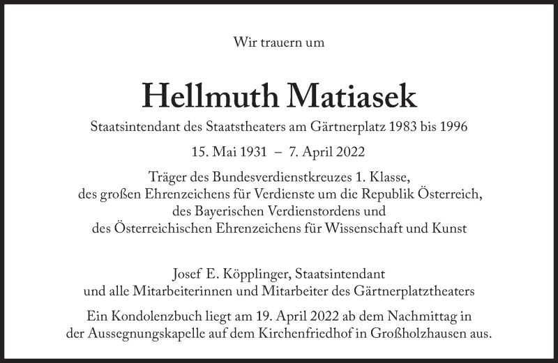  Traueranzeige für Hellmuth Matiasek vom 16.04.2022 aus Süddeutsche Zeitung