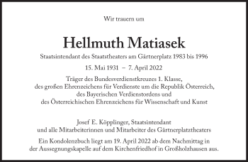 Traueranzeige von Hellmuth Matiasek von Süddeutsche Zeitung