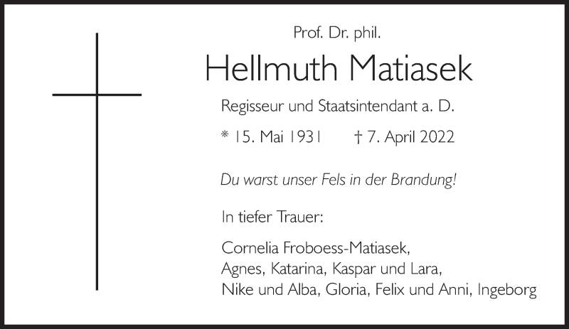  Traueranzeige für Hellmuth Matiasek vom 16.04.2022 aus Süddeutsche Zeitung