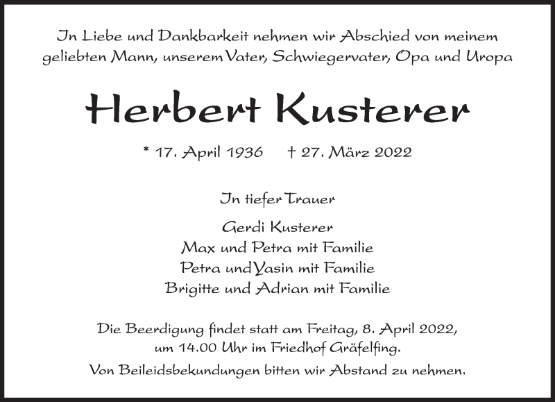  Traueranzeige für Herbert Kusterer vom 02.04.2022 aus Süddeutsche Zeitung