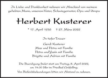 Traueranzeige von Herbert Kusterer von Süddeutsche Zeitung