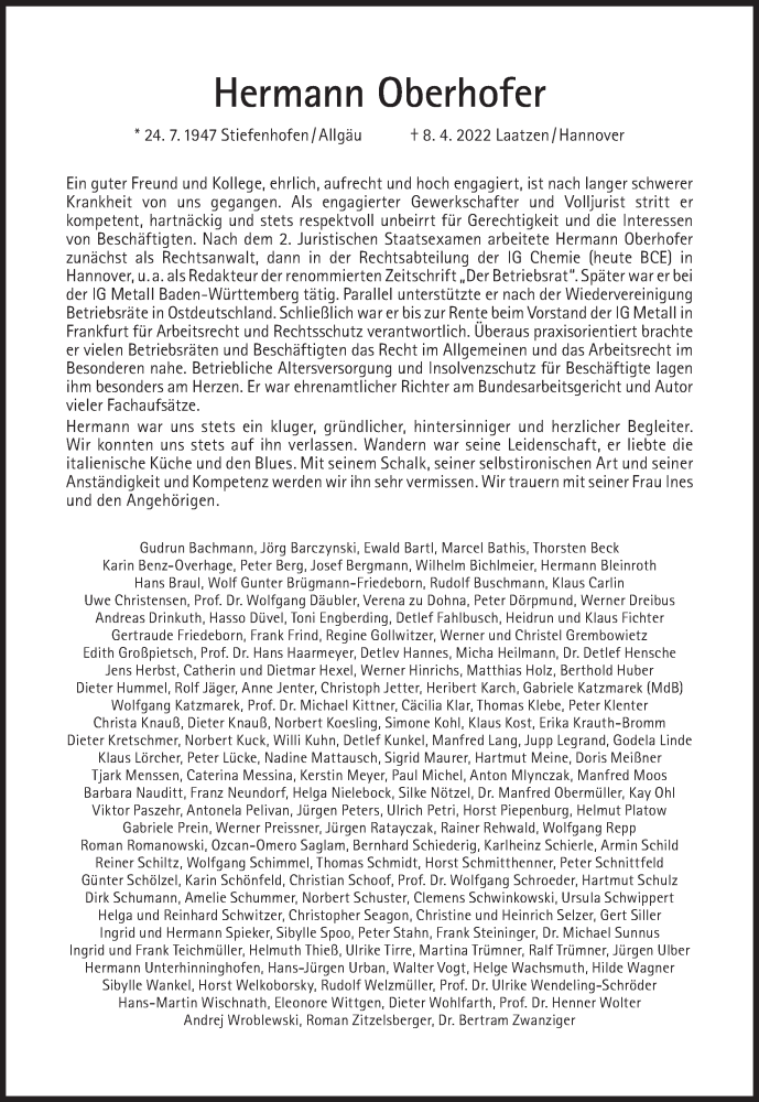  Traueranzeige für Hermann Oberhofer vom 23.04.2022 aus Süddeutsche Zeitung