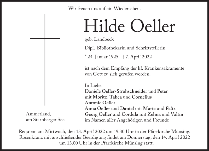  Traueranzeige für Hilde Oeller vom 09.04.2022 aus Süddeutsche Zeitung
