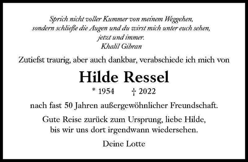  Traueranzeige für Hilde Ressel vom 02.04.2022 aus Süddeutsche Zeitung
