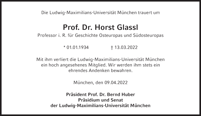  Traueranzeige für Horst Glassl vom 09.04.2022 aus Süddeutsche Zeitung