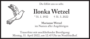 Traueranzeige von Ilonka Wetzel von Süddeutsche Zeitung