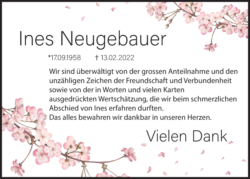  Traueranzeige für Ines Neugebauer vom 16.04.2022 aus Süddeutsche Zeitung