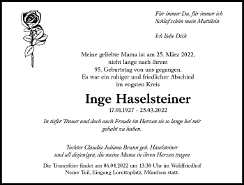 Traueranzeige von Inge Haselsteiner von Süddeutsche Zeitung