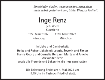 Traueranzeige von Inge Renz von Süddeutsche Zeitung