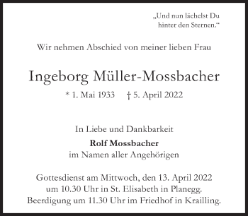 Traueranzeige von Ingeborg Müller-Mossbacher von Süddeutsche Zeitung