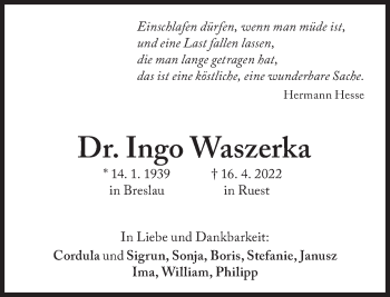 Traueranzeige von Ingo Waszerka von Süddeutsche Zeitung