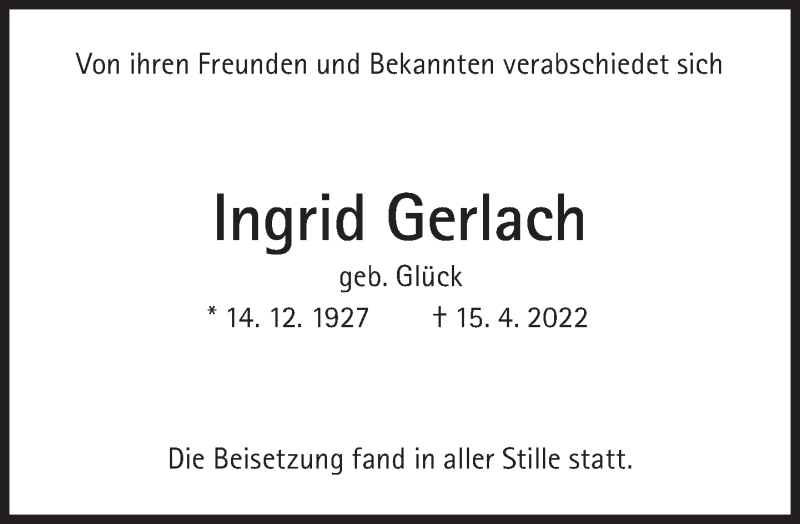  Traueranzeige für Ingrid Gerlach vom 30.04.2022 aus Süddeutsche Zeitung