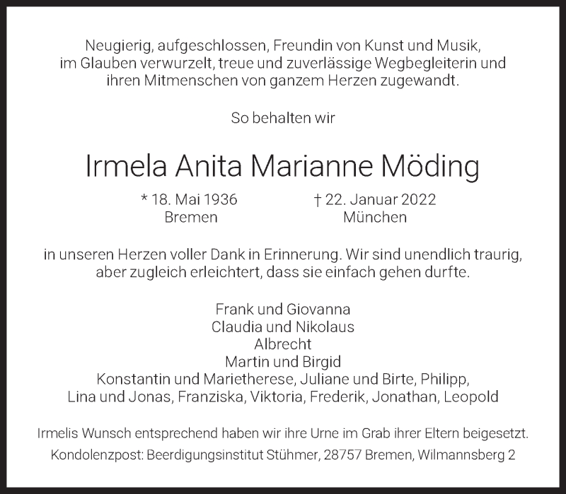  Traueranzeige für Irmela Anita Marianne Möding vom 09.04.2022 aus Süddeutsche Zeitung