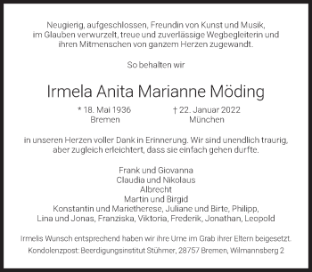 Traueranzeige von Irmela Anita Marianne Möding von Süddeutsche Zeitung