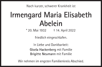 Traueranzeige von Irmengard Maria Elisabeth Abelein von Süddeutsche Zeitung