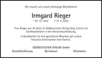 Traueranzeige von Irmgard Rieger von Süddeutsche Zeitung