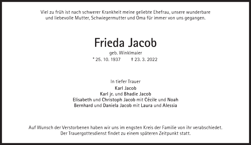  Traueranzeige für Jacob Frieda vom 02.04.2022 aus Süddeutsche Zeitung