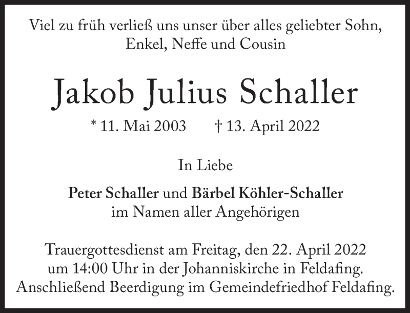  Traueranzeige für Jakob Julius Schaller vom 20.04.2022 aus Süddeutsche Zeitung