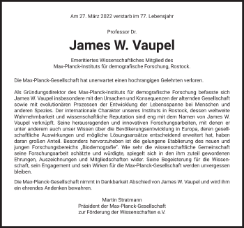Traueranzeige von James W. Vaupel von Süddeutsche Zeitung