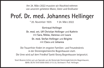 Traueranzeige von Johannes Hellinger von Süddeutsche Zeitung