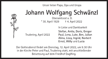Traueranzeige von Johann Wolfgang Schwänzl von Süddeutsche Zeitung