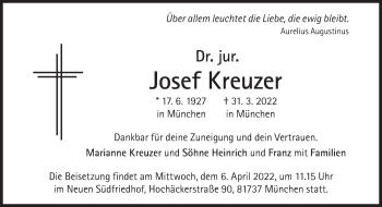 Traueranzeige von Josef Kreuzer von Süddeutsche Zeitung