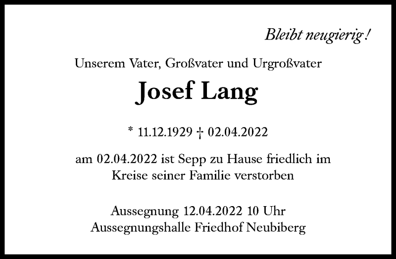  Traueranzeige für Josef Lang vom 09.04.2022 aus Süddeutsche Zeitung