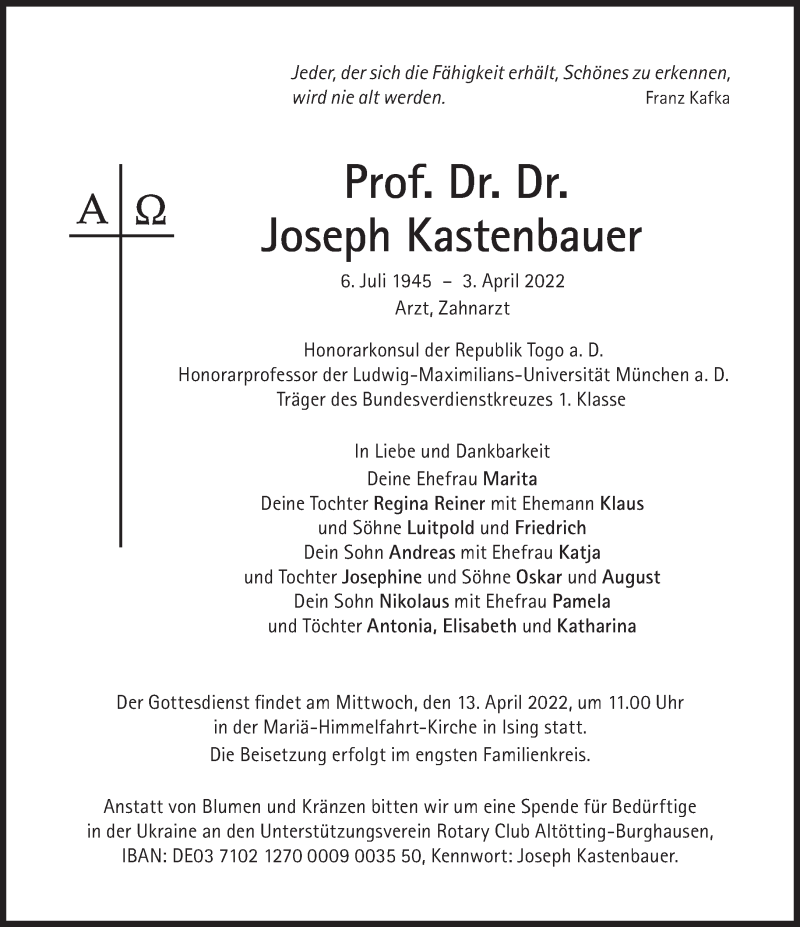  Traueranzeige für Joseph Kastenbauer vom 09.04.2022 aus Süddeutsche Zeitung