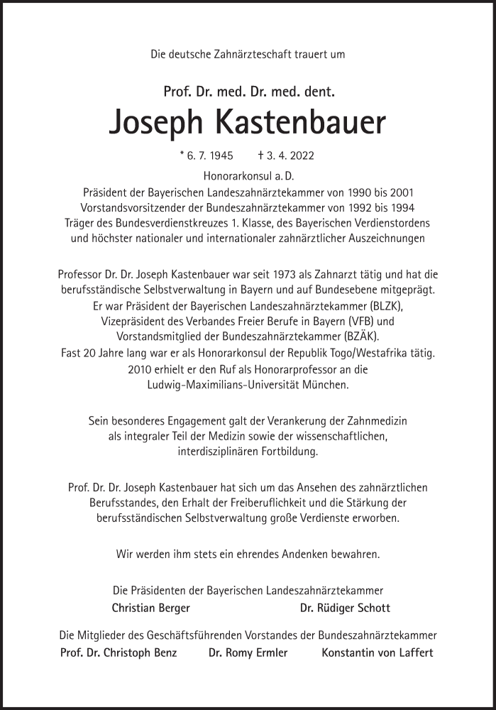  Traueranzeige für Joseph Kastenbauer vom 09.04.2022 aus Süddeutsche Zeitung