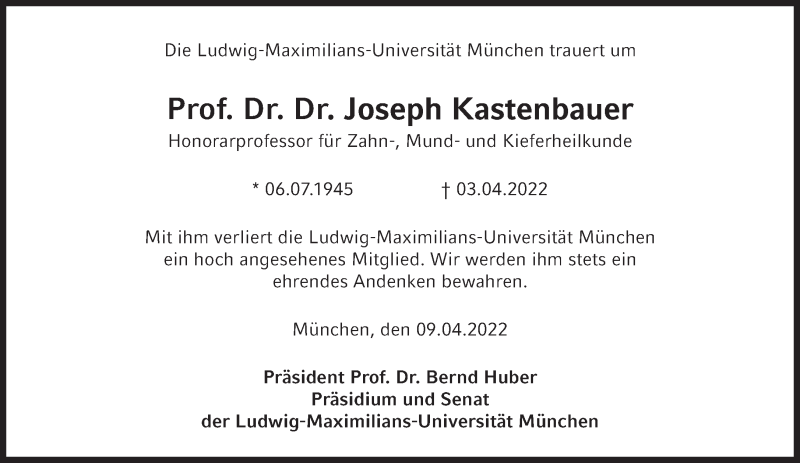  Traueranzeige für Joseph Kastenbauer vom 09.04.2022 aus Süddeutsche Zeitung
