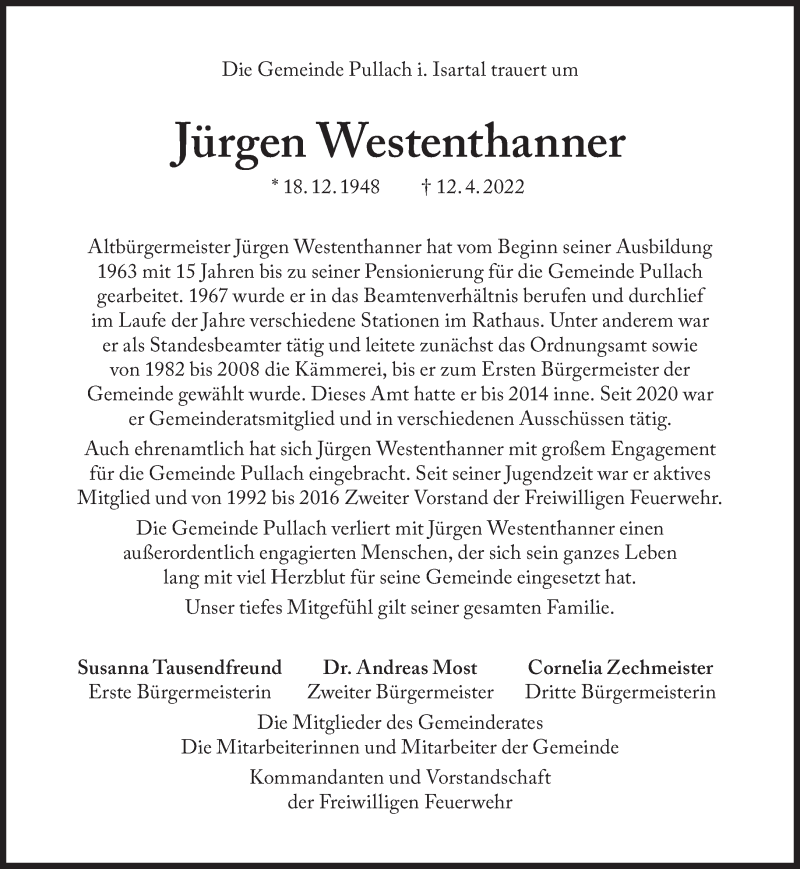  Traueranzeige für Jürgen Westenthanner vom 19.04.2022 aus Süddeutsche Zeitung
