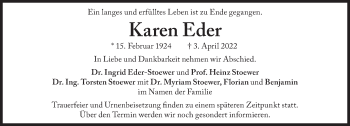 Traueranzeige von Karen Eder von Süddeutsche Zeitung