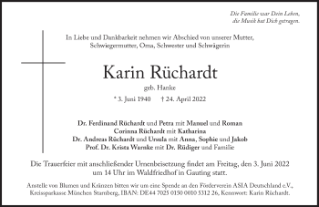 Traueranzeige von Karin Rüchardt von Süddeutsche Zeitung