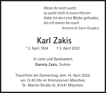 Traueranzeige von Karl Zakis von Süddeutsche Zeitung