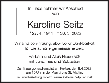 Traueranzeige von Karoline Seitz von Süddeutsche Zeitung