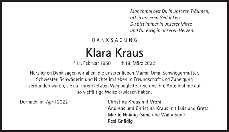  Traueranzeige für Klara Kraus vom 09.04.2022 aus Süddeutsche Zeitung