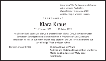 Traueranzeige von Klara Kraus von Süddeutsche Zeitung