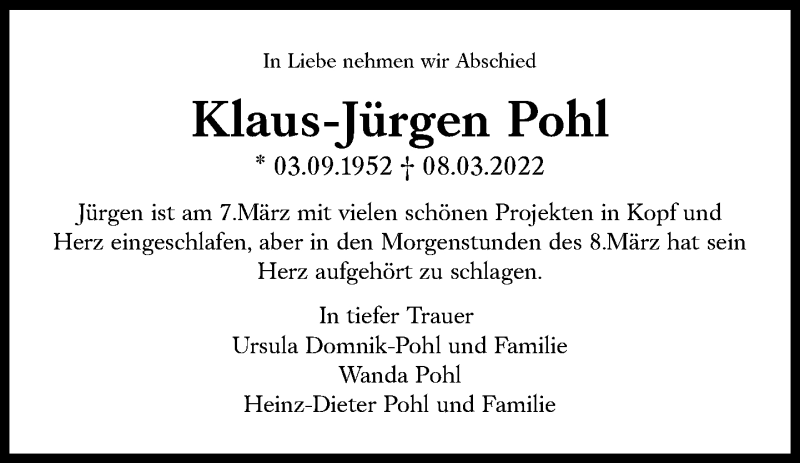  Traueranzeige für Klaus-Jürgen Pohl vom 02.04.2022 aus Süddeutsche Zeitung