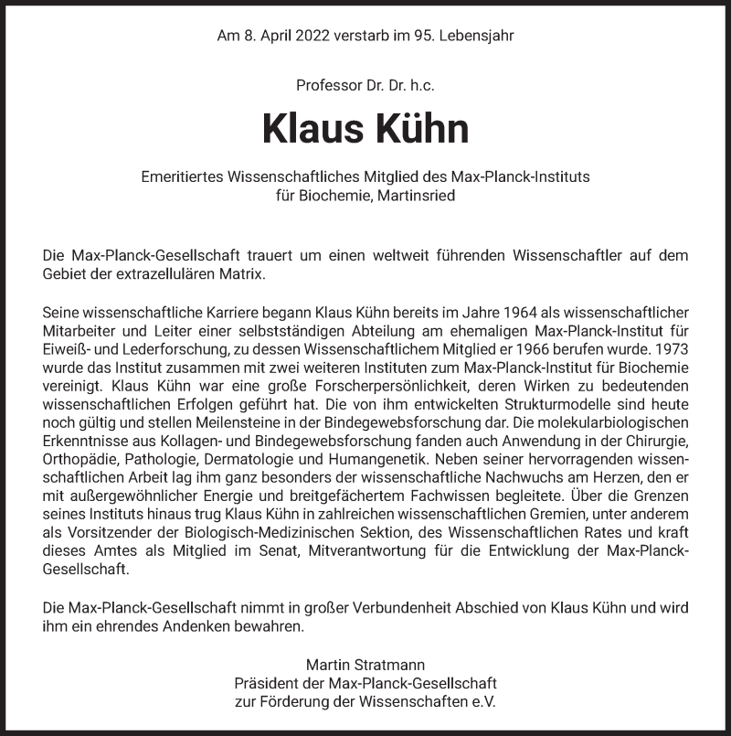  Traueranzeige für Klaus Kühn vom 16.04.2022 aus Süddeutsche Zeitung