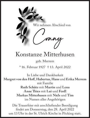 Traueranzeige von Konstanze Mitterhusen von Süddeutsche Zeitung