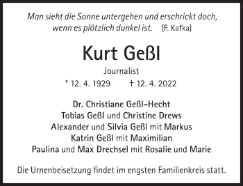 Traueranzeige von Kurt Geßl von Süddeutsche Zeitung