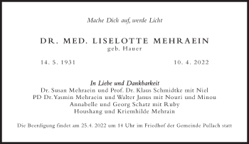 Traueranzeige von Liselotte Mehraein von Süddeutsche Zeitung